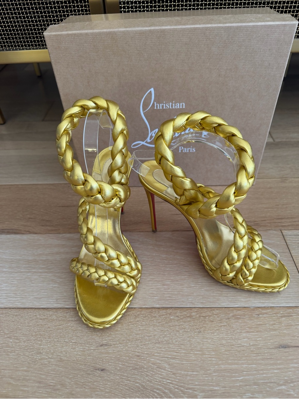 New Christian Louboutin Fatima 120 Gold Braided Leather Sandals 8.5 with box - Picture 4 of 8